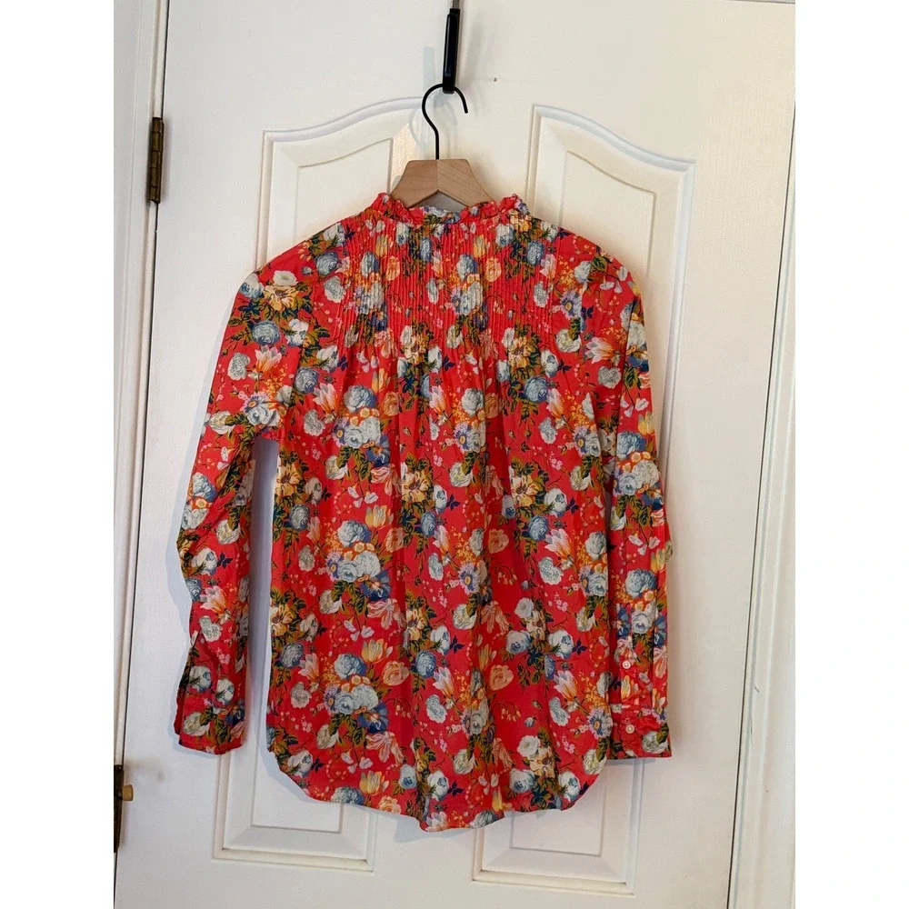 J.Crew x Liberty Fabric | Ruffle Classic Popover Shirt‎ Blouse Coral Floral Sz 4